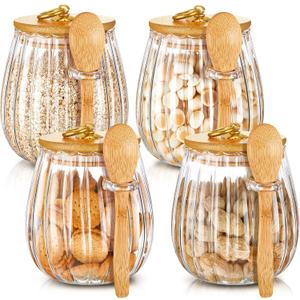 Pinkunn Set of 4 Glass Stripe Jar Glass with Bamboo Spoons 20 Fl oz Overnight Oats Containers with Lids Coffee Sugar Container Set for Kitchen Food Storage Coffee Tea Sugar (Oval)