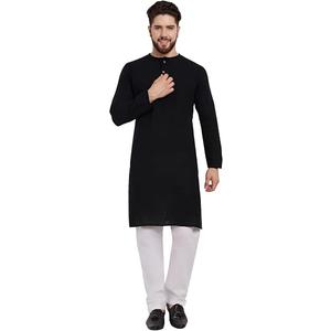SKAVIJ Men's Handloom Cotton Solid Kurta Pajama Set Round Neck Casual Dress (KP117black_Black_L)