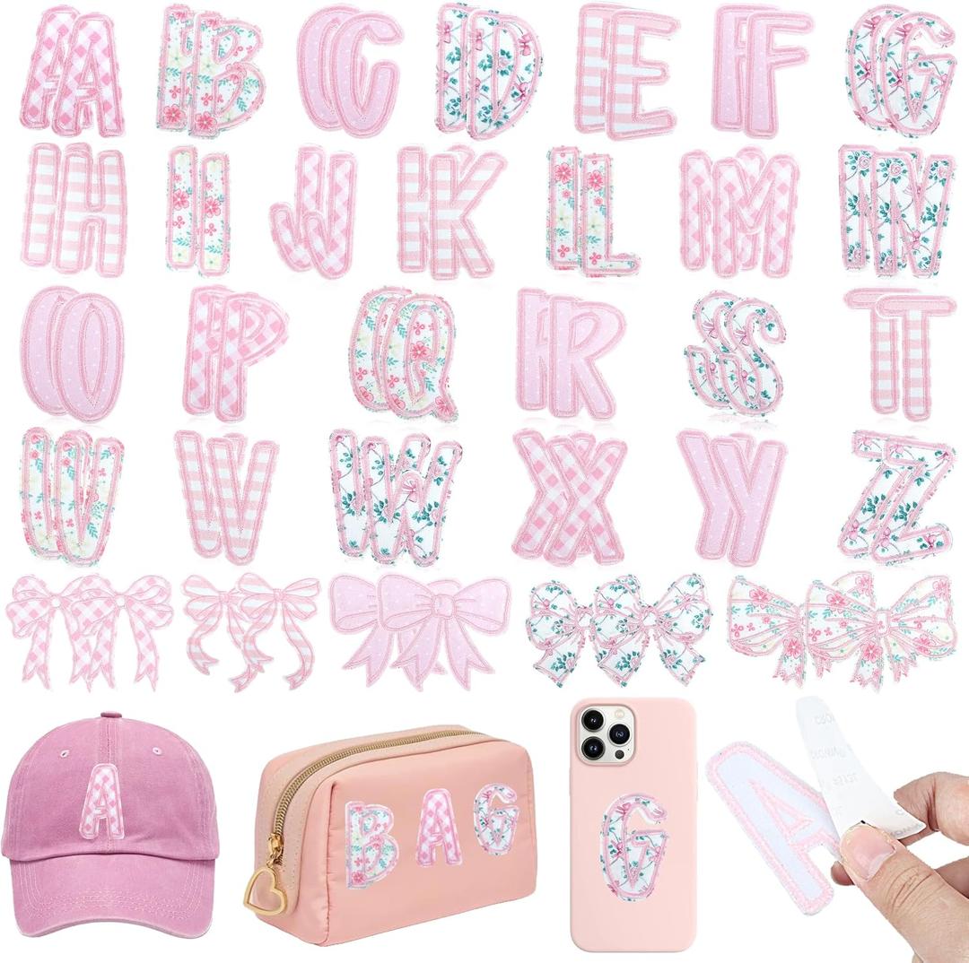 NICEVINYL Self-Adhesive Letter Patches for Backpacks: 62Pcs Pink Letters Fabric Stickers Patches for Bags - Cute Bows Patch Stick on Clothing Jackets Jeans Backpacks Hats DIY Accessories, 2.2inch