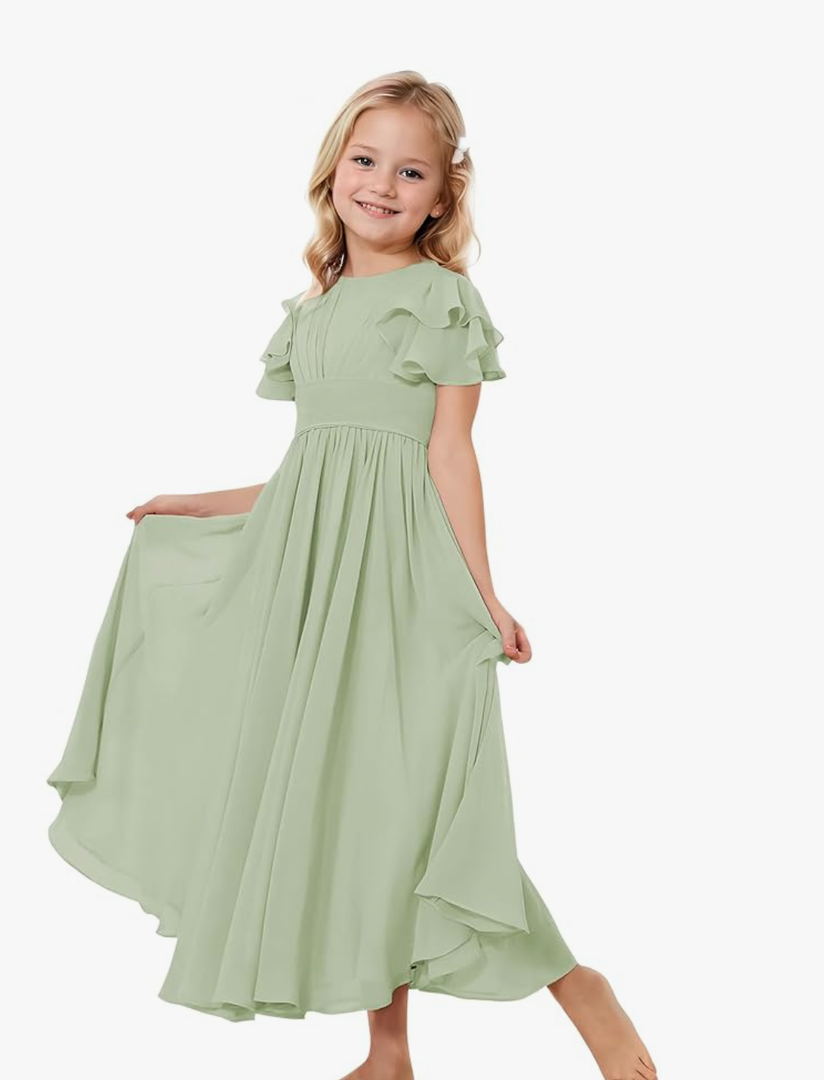 Dresses Chiffon Flower Girl Dress for Wedding Ruffles Sleeve Party Pageant Communion Dress 8yrs old, Dusty Sage 