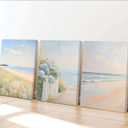 3Pcs Pastel Coastal Wall Art Pink Beach & Blue Hydrangea Pictures Wall Decor Ocean Wildflowers Posters Summer Beachy Preppy Painting Print Artwork for Beach House Bedroom Dorm Apartment, Framed