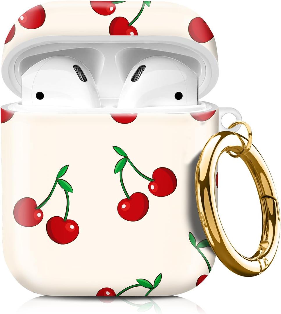 Compatible with AirPod 1/2 Case Cover with Golden Keychain, TPU Protective Shockproof Case for AirPod 1st&2nd Generation for Girls WomenCute Cherry Beige