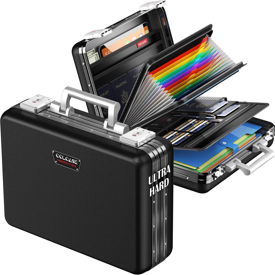 COLCASE Fireproof Document Box, Ultra Hard Case All-Around Fireproof Box with TSA Lock Aluminum Frame Zipperless Hard-Shell Safe for Documents Valuables Passports Black (15.5" x 11.5" x 4.8")