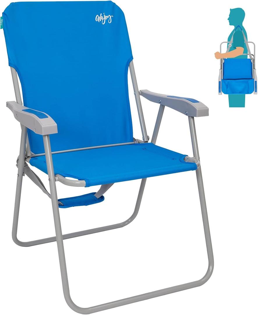 #WEJOY Folding Beach Chair for Adults, Lightweight Beach Chair with Shoulder Straps, High Back Beach Chairs with Hard Armrest, Supports 300lbs for Beach Lawn Concert (#C 1 Pack Blue)