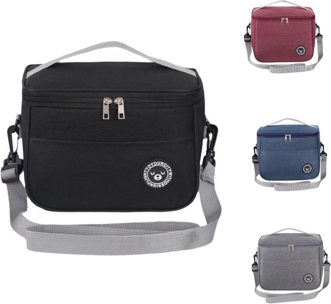 Insulated Lunch Bag with Adjustable Strap Reusable Leakproof Lunch Box for Women Men Portable Thermal Cooler Bag for Work School Picnic Outdoor (Black, M)