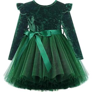 UNICOMIDEA 3-4 Toddler Velvet Dress Little Girls Tutu Tulle Crewneck Long Sleeve Holiday Party Fashion Dresses (Green)