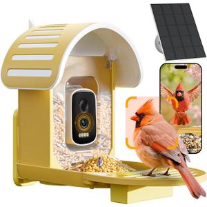Smart Bird Feeder with Camera, 2.5K UHD Bird Feeder Camera Solar Powerd, Sensitive AI Identification, Instant Alerts Capture Video, IP66 Waterproof for Outdoor, Ideal Gift for Mom, Yellow