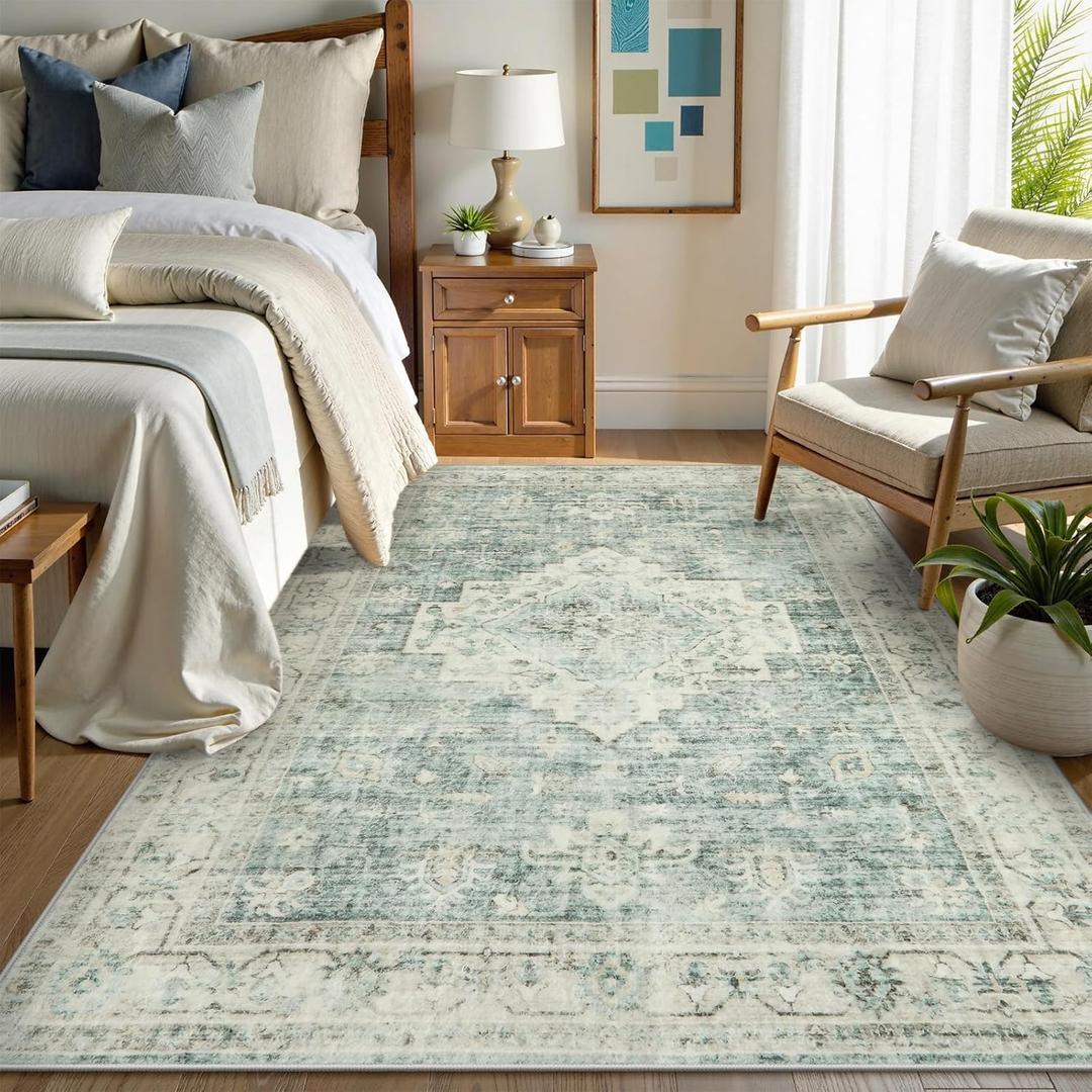LIVEBOX Bedroom 4x6 Washable Area Rug for Entryway Kitchen, Non-Slip Soft Boho Rugs for Dining Room Office, Farmhouse Low-Pile Neutral Soft Carpet for Nursery Room Playroom, Sage Green