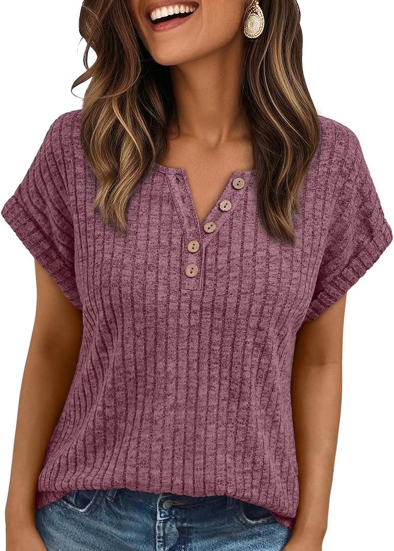 AUTOMET Women Tops Summer Sweaters Short Sleeve V Neck Henley Shirts Dressy Button Blouses (S)