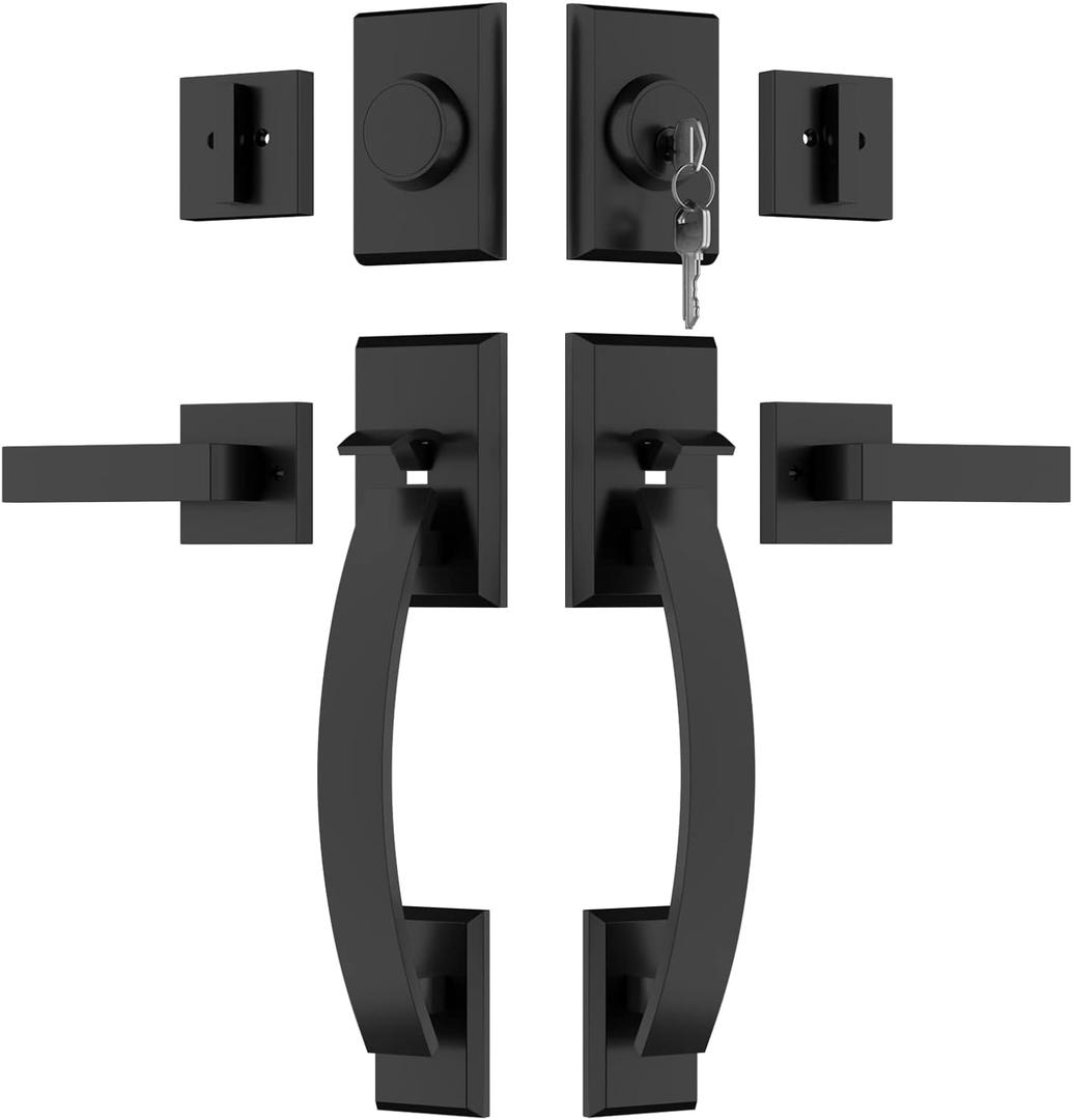 Haidms Matte Black Double Door Lock Set, Heavy Duty Double Door Handle with Dummy, Double Front Door Handle Set Black
