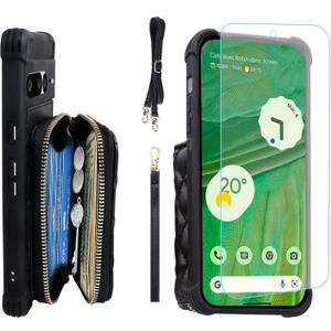 MONASAY Zipper Wallet Case Fit for Google Pixel 7 Pro[Glass Screen Protector][RFID Blocking] Flip Leather Handbag Phone Cover with Card Holder and Detachable Crossbody Shoulder Lanyard Strap, Black