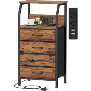 Furnulem Night Stand with Charging Station, Small Dresser with 4 Fabric Drawers, 33.3 Inch Tall Bedside Table, Storage Tower for Closet, Entryway, Bedroom Furniture, 3 Ways to Use, Rustic Brown