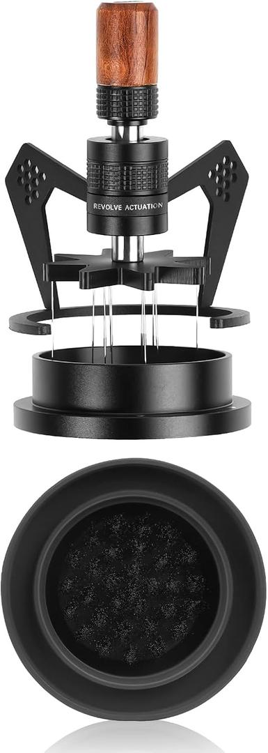 IKAPE Mantis WDT Distribution Tool with Clean Brush, 58.5mm Espresso Stirrer Distribution Tool for Barista, 8 Needle Espresso Stirrer with Dosing Funnel &Stand, Adjustable Needle Height, Walnut Handle