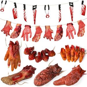 Halloween Decorations Blood Weapon Garland Banner Props Hanging Scary Fake Severed Hand Broken Body Parts for Haunted House Halloween Vampire Zombie Party Supplies (6pcs Body Parts)