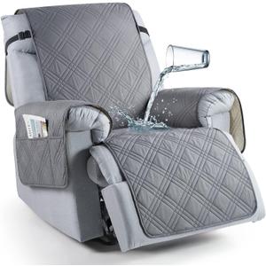 TAOCOCO 100% Waterproof Recliner Chair Cover, Non Slip Recliner Covers for Recliner Chair with Pocket, Washable Reclining Chair Cover Furniture Protector for Kids, Pets(23.6'', Gray) (Grey)