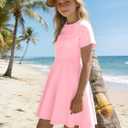 Girls Short Sleeve Dresses Crew Flowy Twirl School Casual Summer Midi Basic Dress Pockets for 7-14 Years Teen Girl, (9-10Y) (Pink)