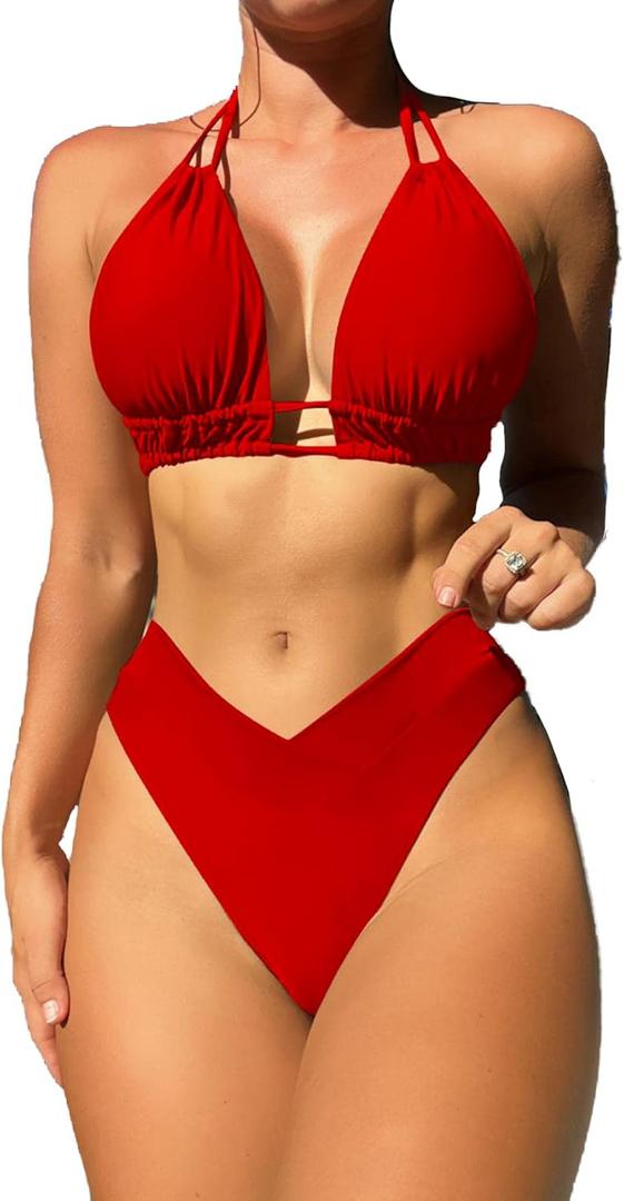 Meetall Cheeky High Cut Triangle Bikini Sets for Women Cute Halter Top Swimsuits 2 Piece (Small, Red)