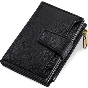 Small Wallet Women RFID Blocking Soft Leather Bifold Compact Card Holder Wallet for Women with Zipper Coin Pocket 4 ID Window (Black)