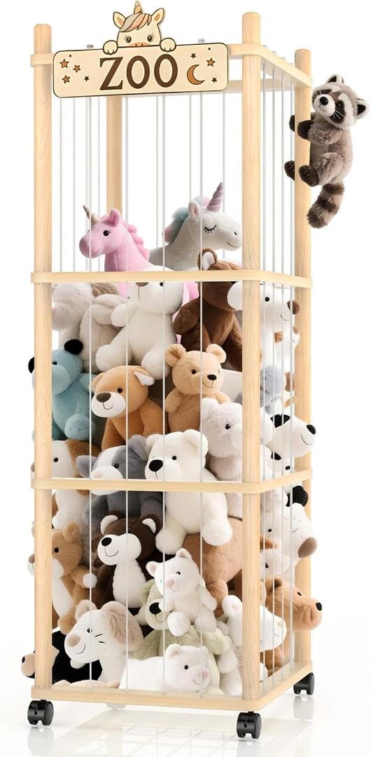 Stuffed Animal Storage Zoo Tower,56In Wooden Large Stuffed Animal Holder Organizer with Wheels,Stuffy Plushies Storage with Elastic Band&Mesh Bottom,Toy Storage Organizers for Playroom Bedroom Nursery (Original Wood Color)
