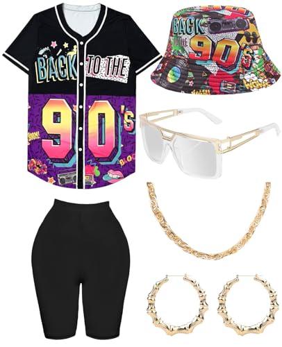 80s 90s Outfit for Women, Unisex Hip Hop Costume Baseball Jersey Shirt Yoga Pants Bucket Hat Gold Chain Rapper Accessories M