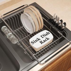 Over the Sink Expandable Dish Drainer Drying Rack In Stainless Steel for Small Kitchen, Counter Space Saving Modern Compact Metal Above Plate Dryer Strainer, Adjustable Hanging Inside Drain Holder (Silver)