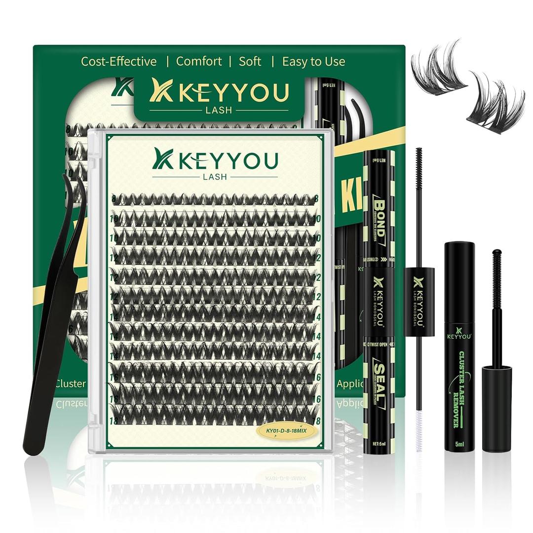 KEYYOU Lash Clusters Kit 120pcs 8-18mm Mix, DIY Eyelash Extension Kit with Bond and Seal, Eyelash Glue and Tweezers for Volume Fluffy Lashes at Home (KY01)