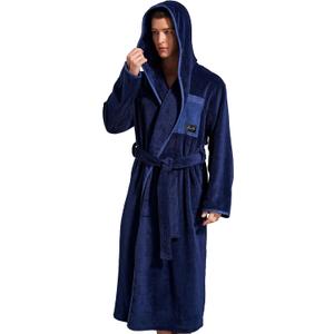 SlumberMee Mens Fleece Plush Robe with Hood Ultra Soft Fluffy Full Length Long with Pockets Luxurious House Coat (Large, Coral Fleece - Dark Blue)