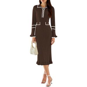 Pink Queen Women's V Neck Bodycon Sweater Dress 2026 Long Sleeve Half Button Slim Fitted Ruffle Ribbed Knit Maxi Pencil Dress (Medium, Chocolate)