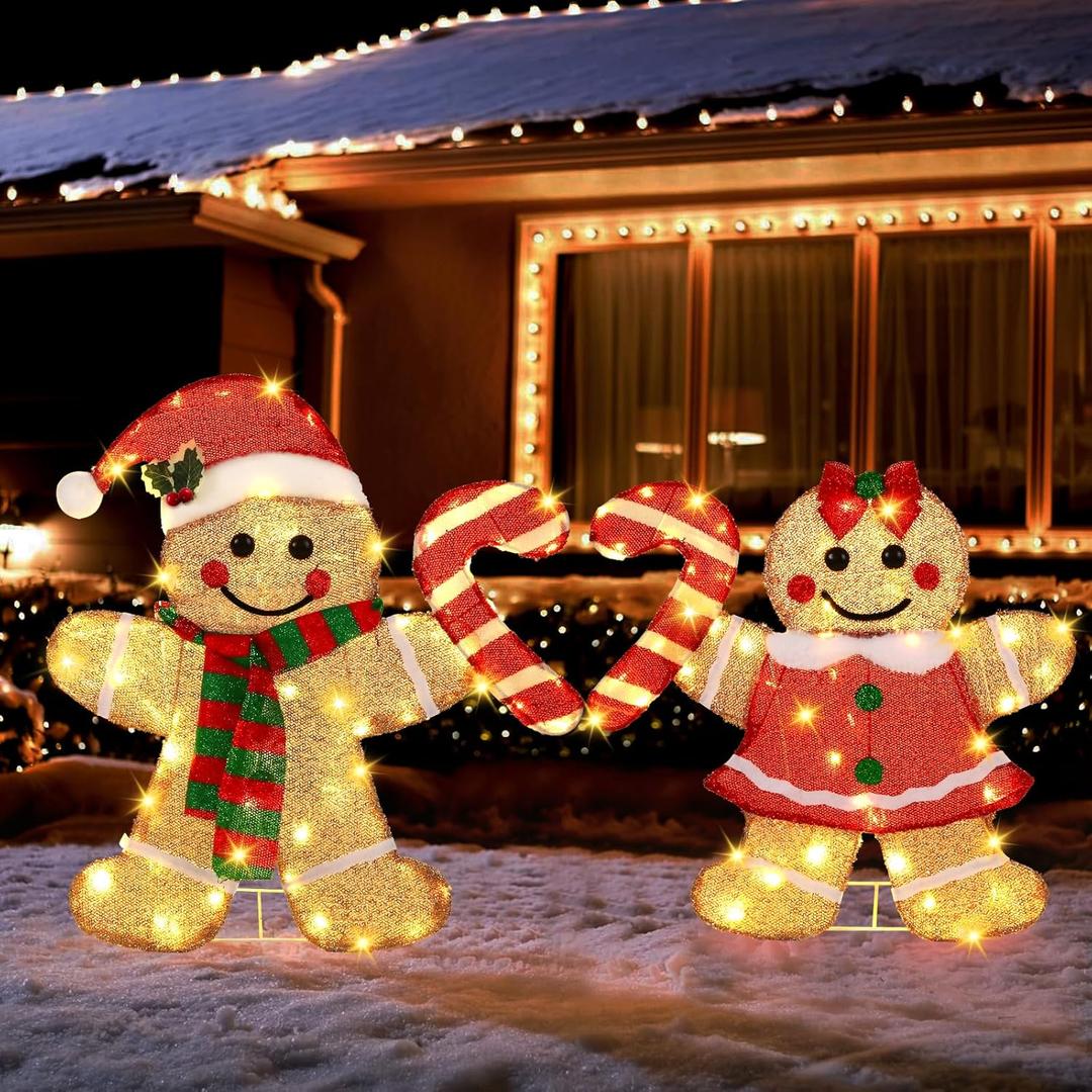 DULEFUN 22.5 Lighted Christmas Yard Decoration 2pcs Light Up Gingerbread Man Couple Christmas Outdoor Decorations Sign Waterproof for Xmas Winter Holiday Garden Lawn Outside Indoor Decor Display