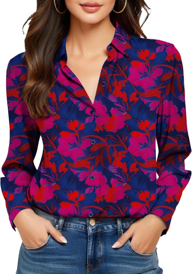 Non-Iron & Wrinkle-Free Womens Button Down Shirts with Mulberry Silk Long Sleeve Blouse Casual Work Tops (S)