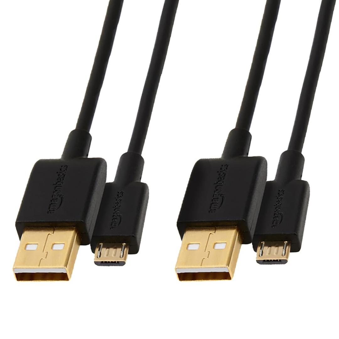 Amazon Basics 2-Pack USB-A to Micro USB Cable, Data Transfer, Android Charger, 480Mbps Transfer Speed, Gold-Plated Plugs, USB 2.0, 3 Foot, Black