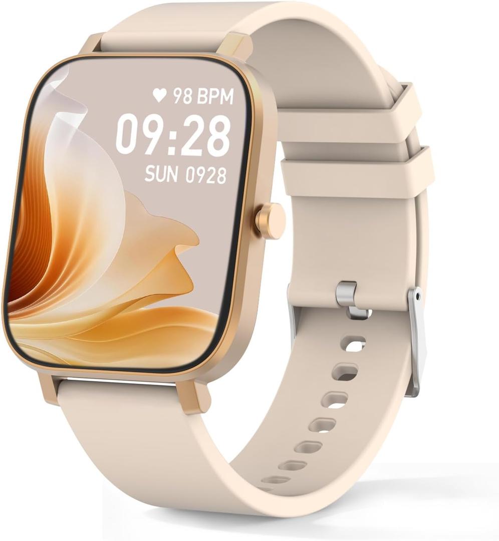 Smart Watch for Men Women Compatible with iPhone Samsung Android Phone 1.69 inch Full Touch Screen IP68 Waterproof Bluetooh Fitness Tracker Heart Rate/Sleep Monitor (Gold)