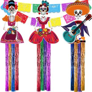 TaoBary 15 Pcs Day of the Dead Decorations Set 34 Inches Sugar Skull Hanging Decor 16.4 Ft Papel Picado Banners Mexicano Dia De Los Muertos Large Skull Decoration for Halloween Party Supplies