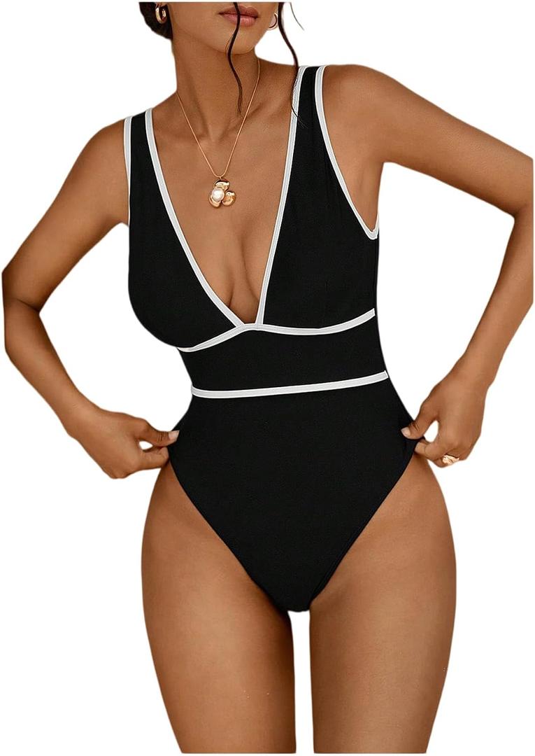 SHENHE Women's One Piece Swimsuit Deep V Neck Tummy Control Color Block Bathing Suit Swimwear (Black, XL)