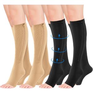 4 Pairs Zipper Compression Socks for Women & Men,15-20 mmHg Medical Open Toe Knee High Support Socks, Easy Wear, Elastic & Comfortable, for Fitness, Flight, Running Marathon (XXL, Nude+Black)