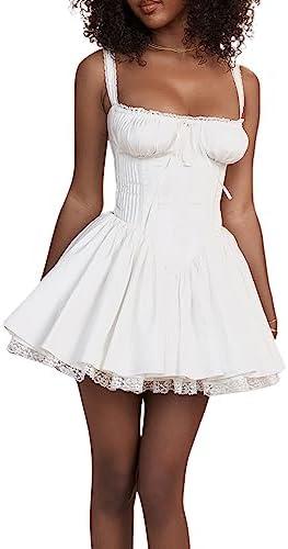 Women's Square Neck Bustier A-line Dresses Sleeveless Tank Top Lace Trim Stretch Flare Mini Dresses, Size M