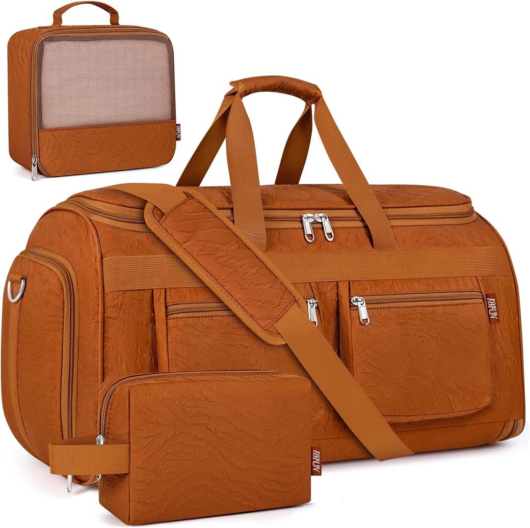 Convertible Garment Duffel Bags for Travel - Carry on Garment Duffle with Toiletry Bag Storage Bag Large Travel Duffel Bag 2 in 1 Hanging Suit Bag Weekender Bag for Men Women 3pcs Set (A05-brown)