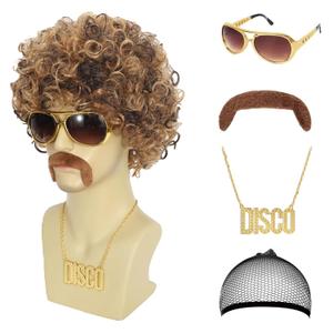 70s 80s Disco Wig & Beard Set - Men's Blonde Mixed Brown Synthetic Wig & Accessories - 5 Pc Set with Glasses, Necklace, Wig Cap for Halloween Party