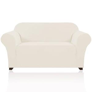 PrinceDeco Stretch Sofa Slipcover 1 Piece Sofa Cover for 2 Cushion Couch Furniture Protector/ Cover Couch with Elastic Bottom Soft and Durable Sofa Cover Pet Protector (Loveseat, Cream)