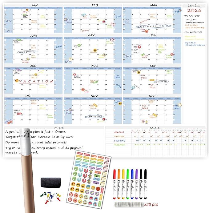 CLEVER CLEAN Large Dry Erase Wall Calendar - 48"x58" 12-month 2026 Undated Reusable Yearly Calendar for Home, Office, School Projects - Jumbo Laminated Task Organizer