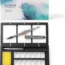 Travel Watercolor Palette Box, Fuumuui Black Wood Palette Kit with Cover, 12 Empty Removable Half-pan Grids, Dual Tip Travel Brushes, for Watercolor Gouache Color Mixing, Pure White Palette