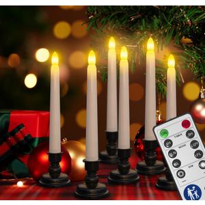 SoulBay 6pcs Christmas Decorations Window Candles with Remote Timer, 7.9inch Battery Operated Flameless Flicker LED Taper Candle Lights w/Black Holders for Home Party Indoor Windowsill Dcor
