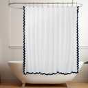 Embroidered Scalloped Cotton Shower Curtain Linen Textured with 12 Metal Hooks, 72 x 72 Inch Washable Waterproof Cloth Shower Curtains with Navy Blue Border for Bathroom Hotel Bathtub