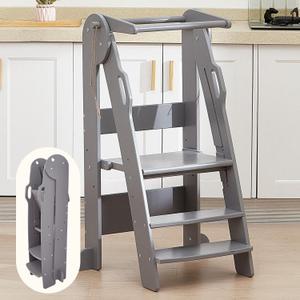 FUNLIO Foldable Kitchen Step Stool for Kids 2-6 Years, Montessori Step Stool, 3-Level Height Adjustable Standing Tower, Easy to Assemble, CPC & CE,Grey