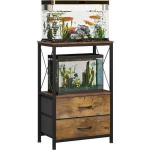 Welfuturer 10 Gallon Aquarium Stand with 2-Tier Shelf Fish Tanks Stand with 2 Drawers Metal Frame Heavy Duty Reptile TurtleTank Stand with Storage for Home Office Fish Tank Accessories Storage, Brown