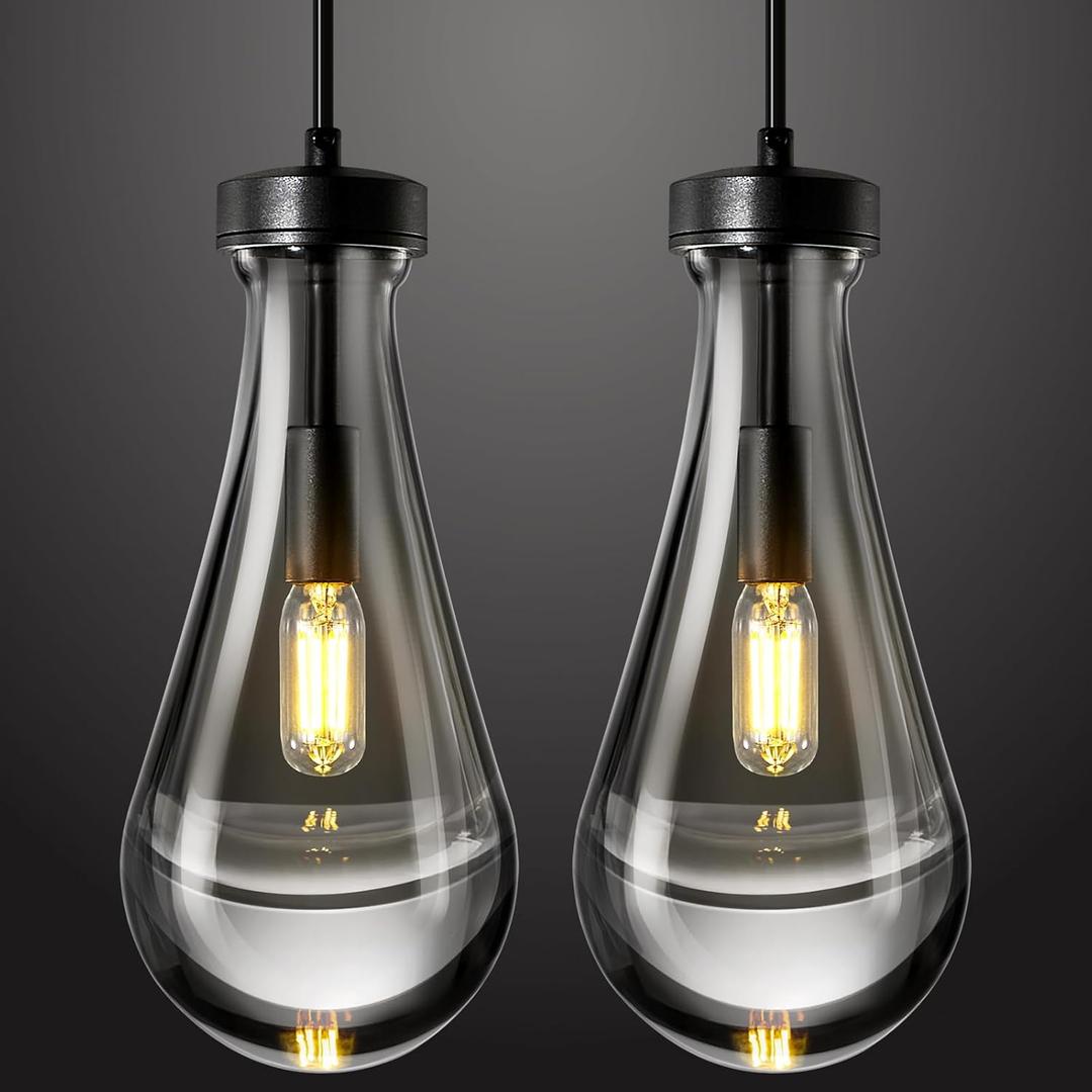Raindrop Pendant Lights Kitchen Island Set of 2 Teardrop Black Hanging Light Fixtures Clear Solid Glass Pendant Light Modern Chandeliers for Dining Room Porch Corridor Living Room