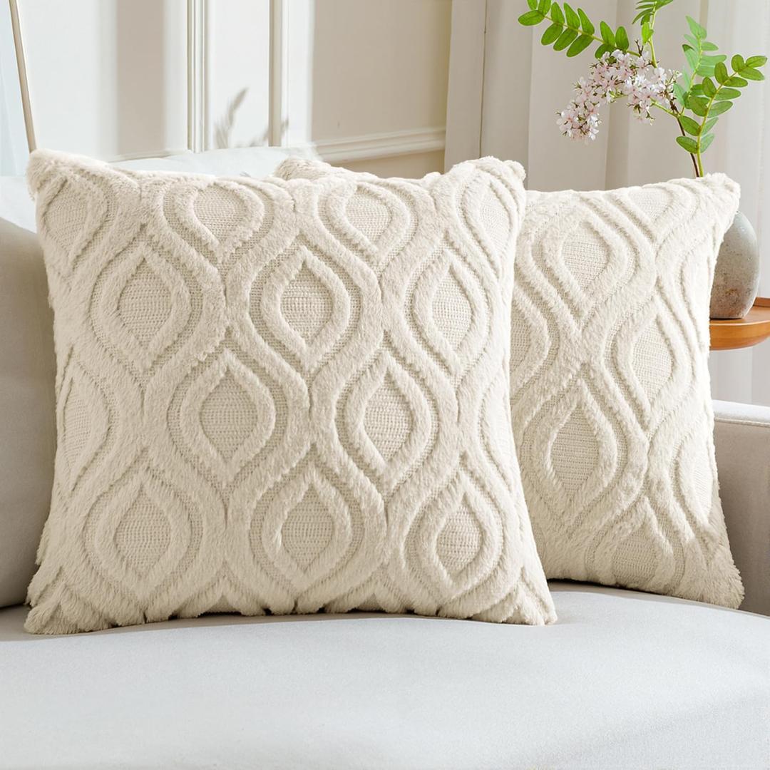 MIULEE Beige Throw Pillow Covers 20x20 Inch, Soft Winter Plush Faux Wool Couch Pillow Covers Set of 2 Decorative Farmhouse Boho Throw Pillows for Sofa Living Room Bed (20" x 20" (Pack of 2), Beige)
