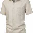 ZEROYAA Men's Linen Shirts Short Sleeve Summer Casual Button Down Beach Shirt with Pocket (Beige, S)