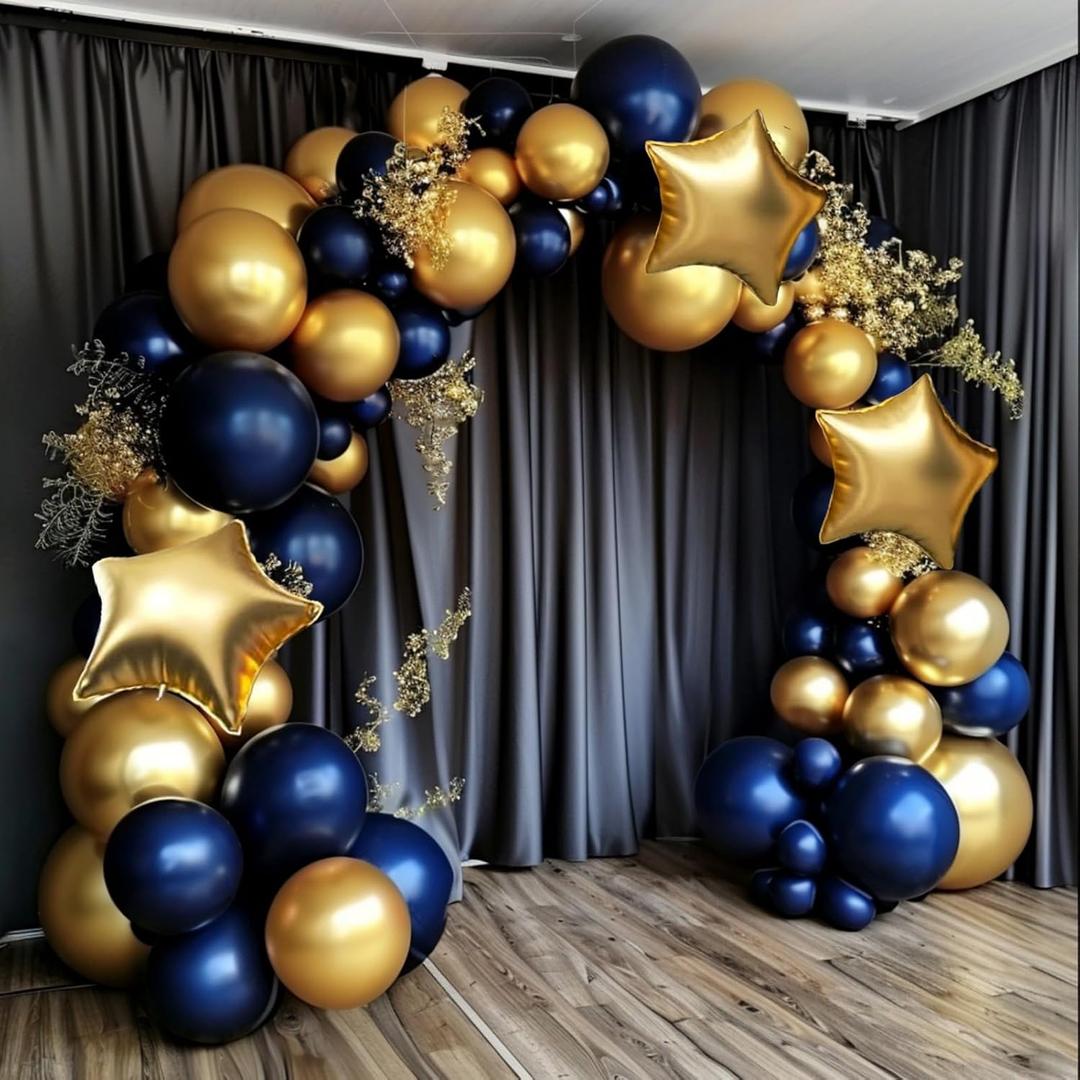 Royal Blue and Gold Balloon Garland Arch Kit, 160Pcs Dusty Blue Gold Latex Balloons with Star Foil Balloons for Wedding Anniversary Birthday Party Decorations