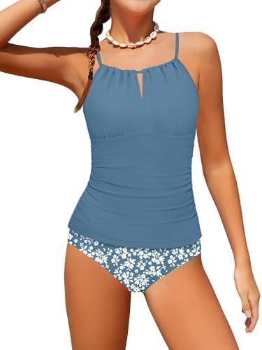 HOTOME Girls Swimsuit Halterneck 2 Piece Girl Swimsuit with Floral Print Shorts Ruched Girls Tankini Swimsuit 17-18 Years